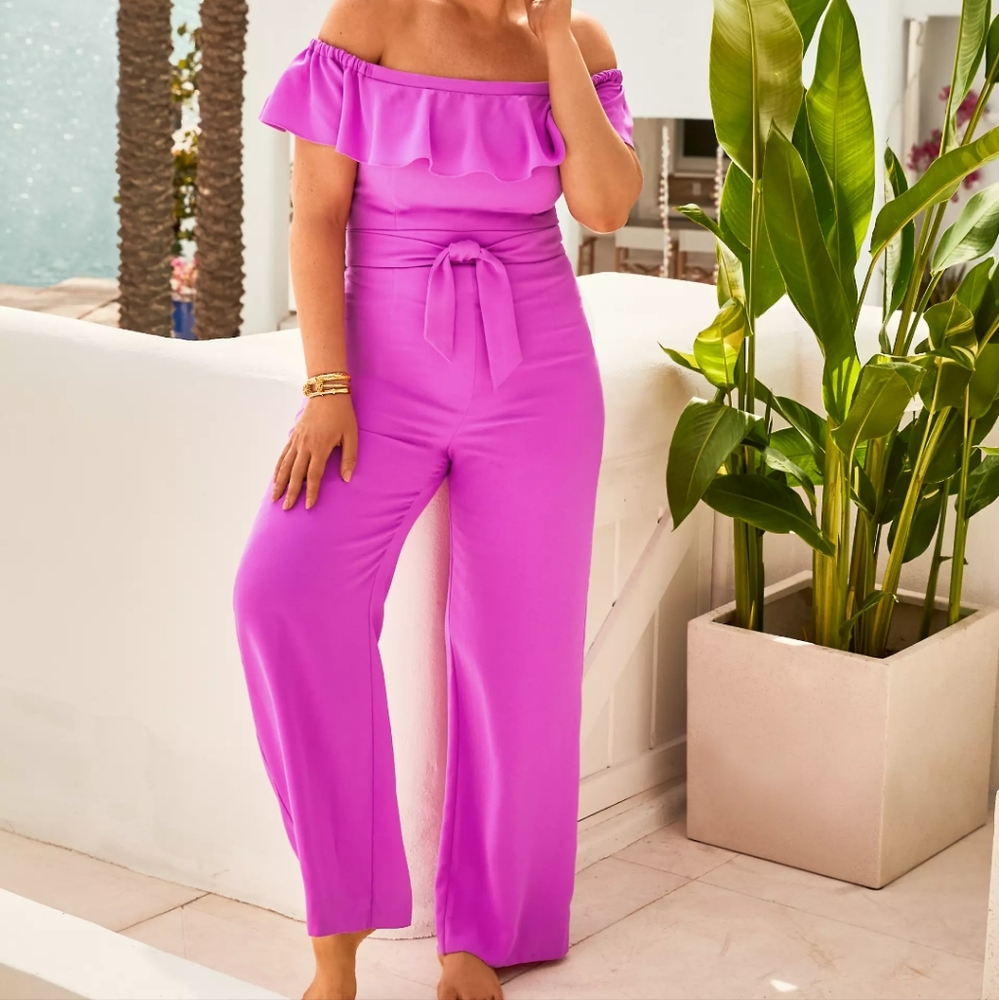 Lilly Pulitzer Pink Fuchsia Purple Jood Off the Shoulder Jumpsuit Lilly Pulitzer - Picture 5 of 6